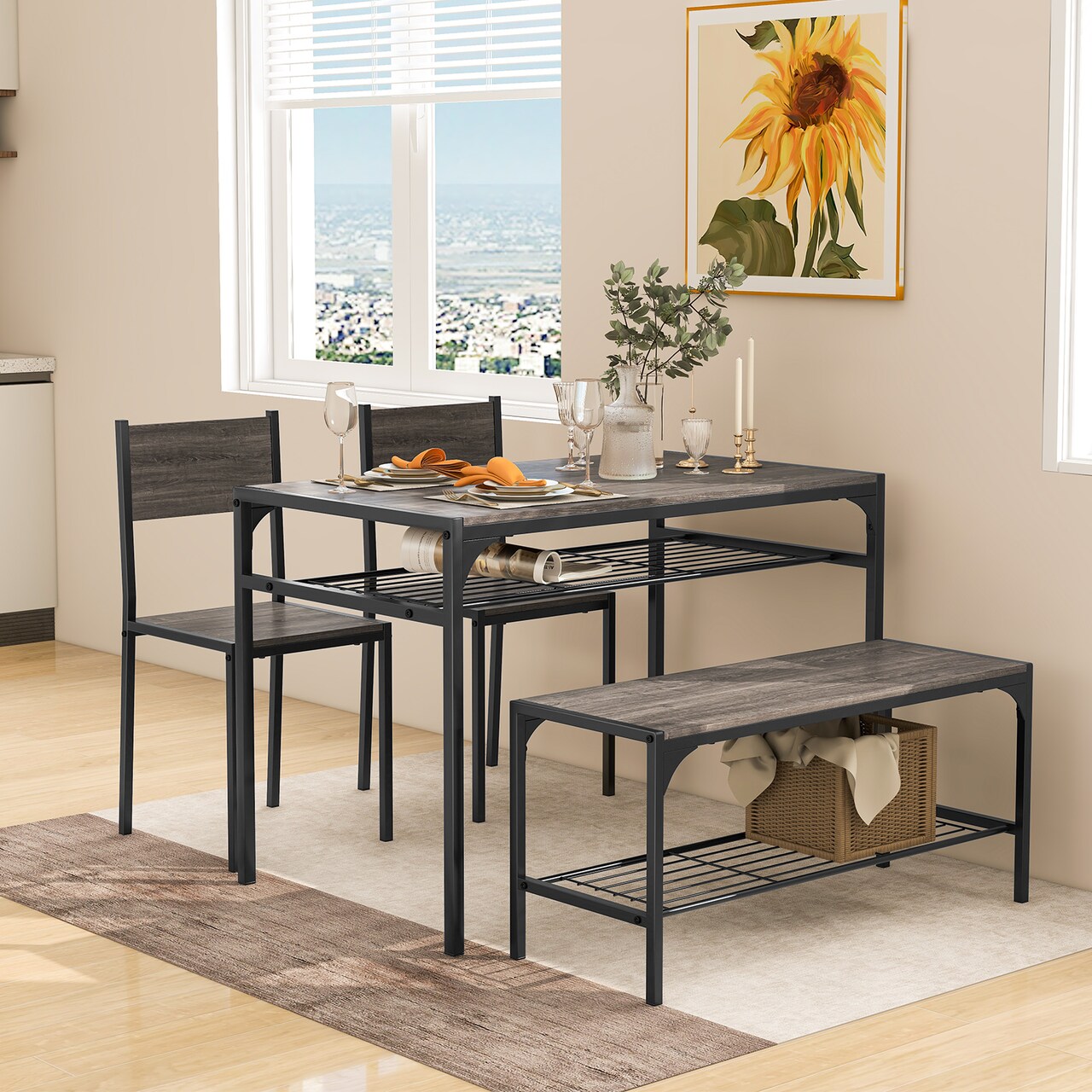 Industrial Style Rectangular Kitchen Table with Bench and Chairs - 43" x 26" x 30"
